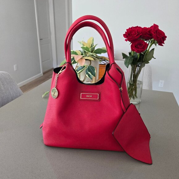 DKNY Red Genuine Leather Zip Side Tote Bag with Pouch Black Interior Gold Logo - Picture 1 of 17